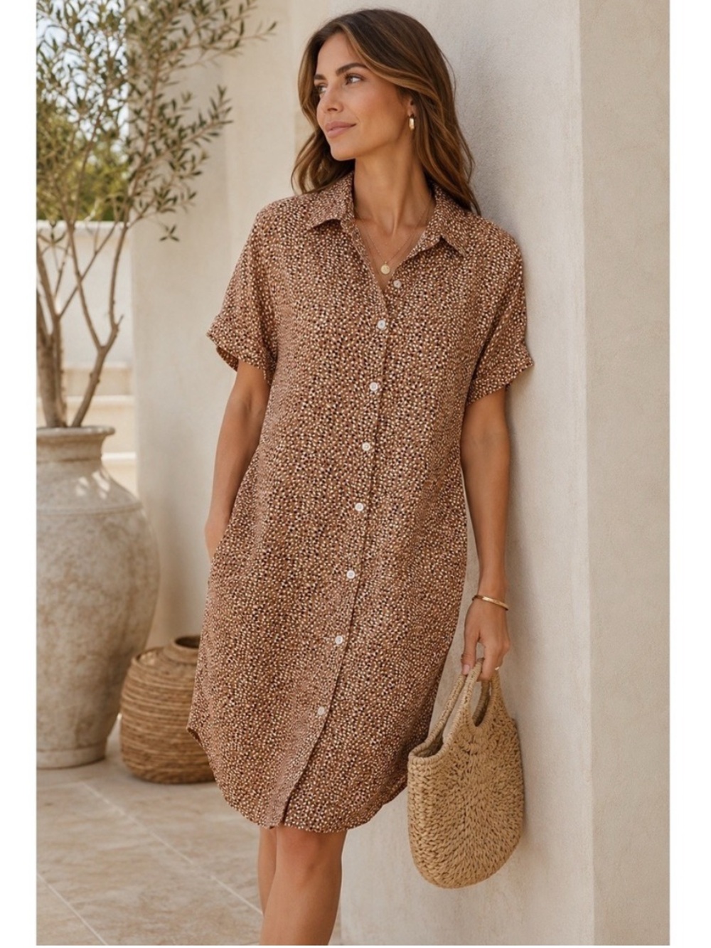Tahari Brown and Black Ditsy Print Linen Top